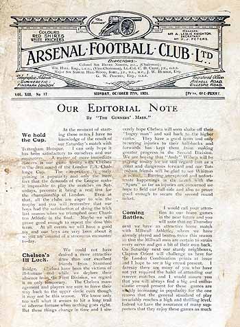 programme cover for Arsenal v Chelsea, 27th Oct 1924