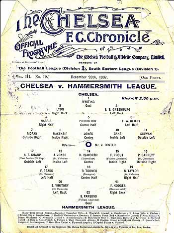 programme cover for Chelsea v Hammersmith League, 28th Dec 1907
