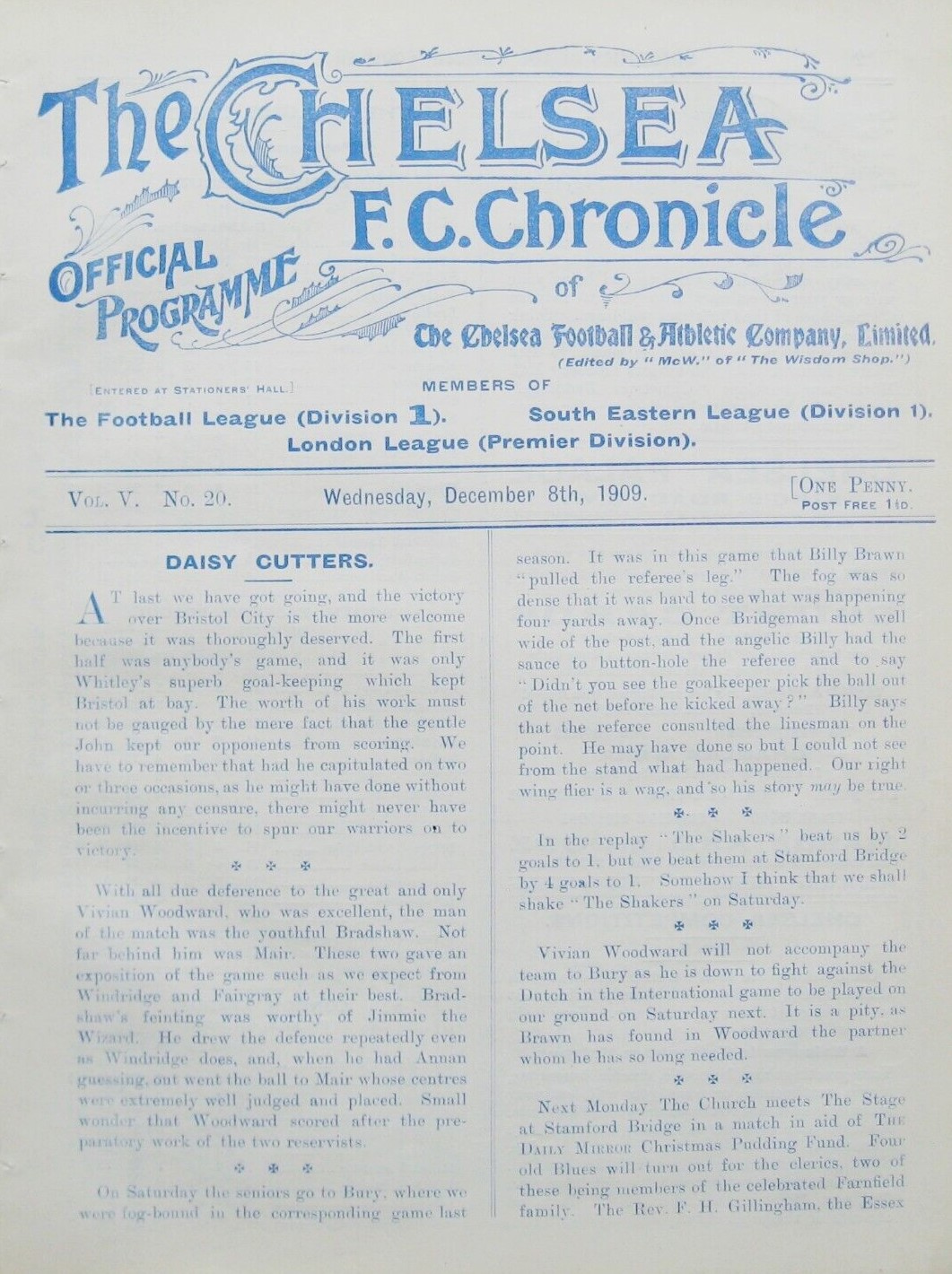programme cover for Chelsea v Leyton, 8th Dec 1909