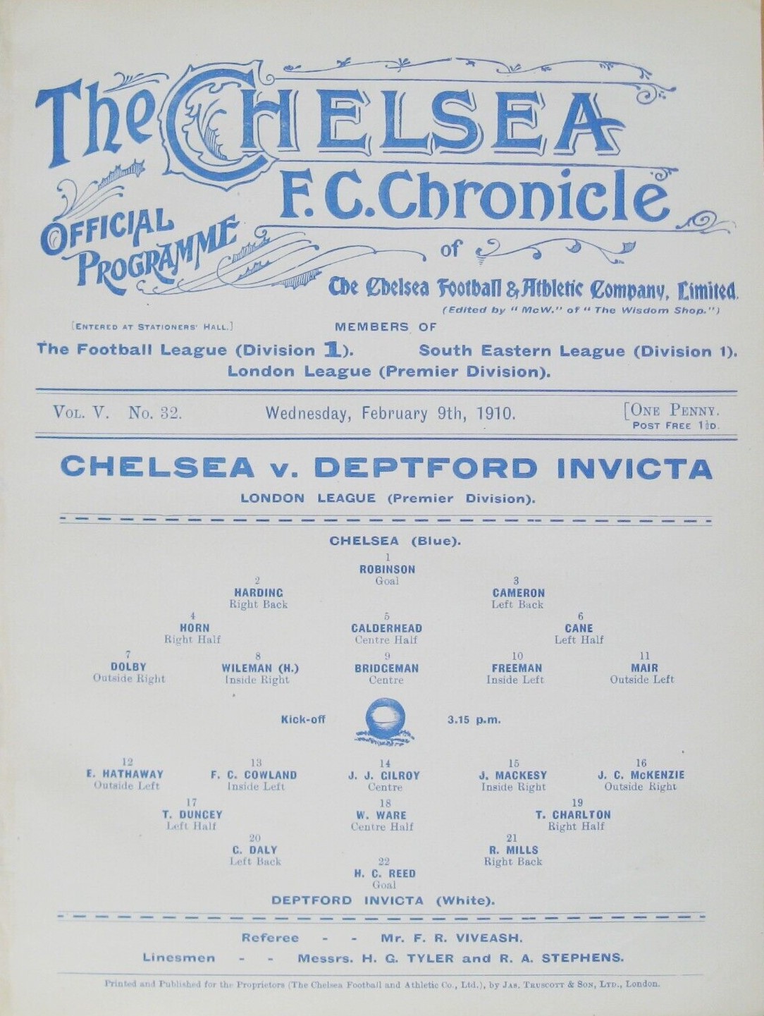 programme cover for Chelsea v Deptford Invicta, Wednesday, 9th Feb 1910