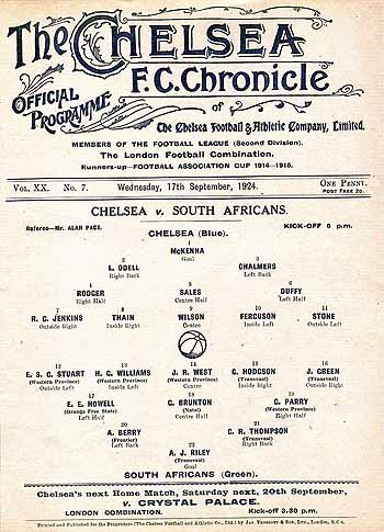 programme cover for Chelsea v South Africa, Wednesday, 17th Sep 1924
