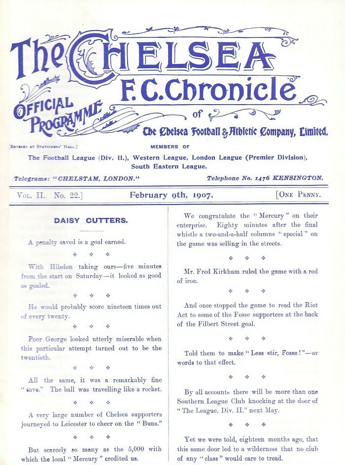 programme cover for Chelsea v Nottingham Forest, 9th Feb 1907