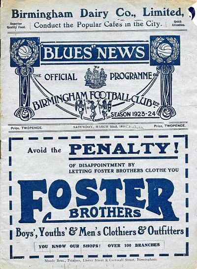 programme cover for Birmingham v Chelsea, Saturday, 22nd Mar 1924