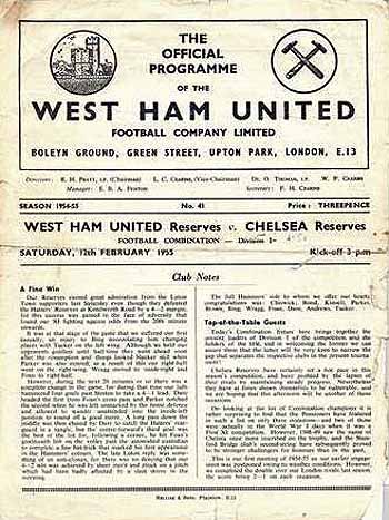 programme cover for West Ham United v Chelsea, Saturday, 12th Feb 1955