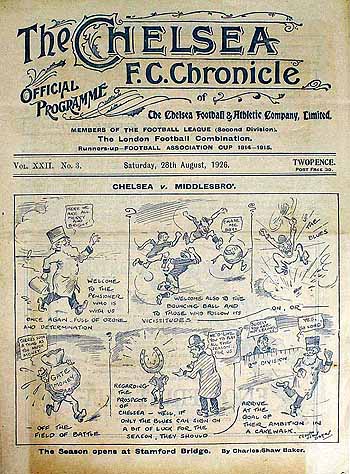programme cover for Chelsea v Middlesbrough, 28th Aug 1926