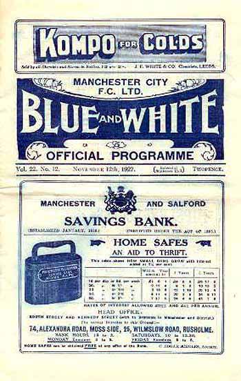 programme cover for Manchester City v Chelsea, Saturday, 12th Nov 1927