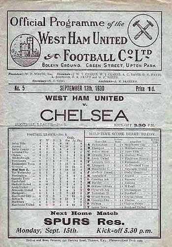 programme cover for West Ham United v Chelsea, Saturday, 13th Sep 1930