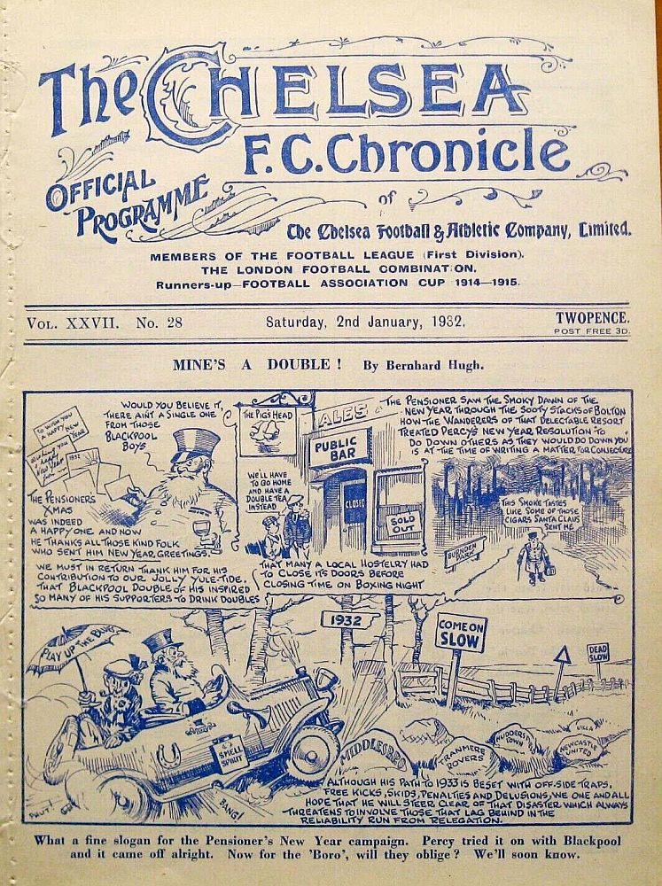 programme cover for Chelsea v Middlesbrough, Saturday, 2nd Jan 1932