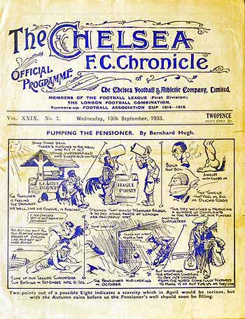 programme cover for Chelsea v Huddersfield Town, Wednesday, 13th Sep 1933