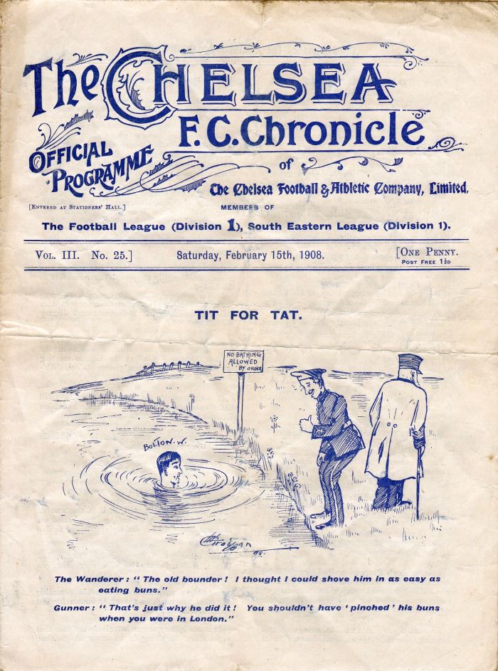 programme cover for Chelsea v Birmingham, 15th Feb 1908