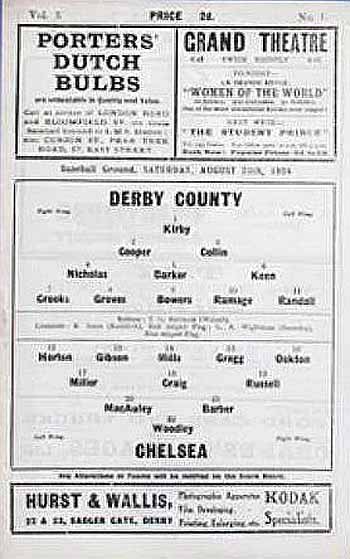 programme cover for Derby County v Chelsea, Saturday, 25th Aug 1934
