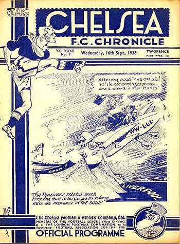 programme cover for Chelsea v Liverpool, Wednesday, 16th Sep 1936