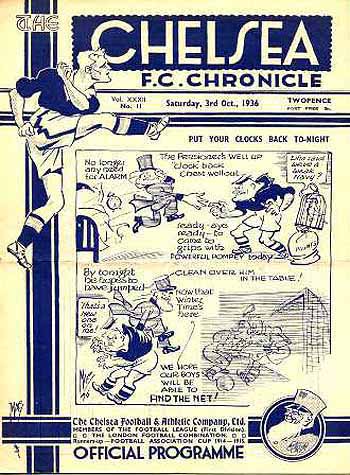 programme cover for Chelsea v Portsmouth, Saturday, 3rd Oct 1936