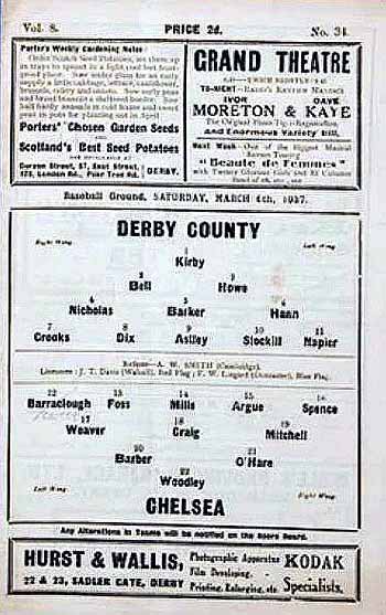 programme cover for Derby County v Chelsea, Saturday, 6th Mar 1937