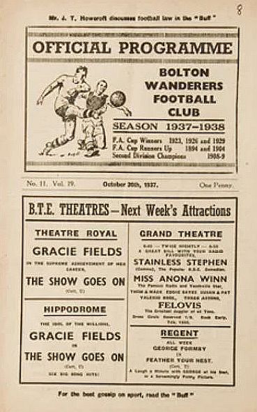 programme cover for Bolton Wanderers v Chelsea, 30th Oct 1937