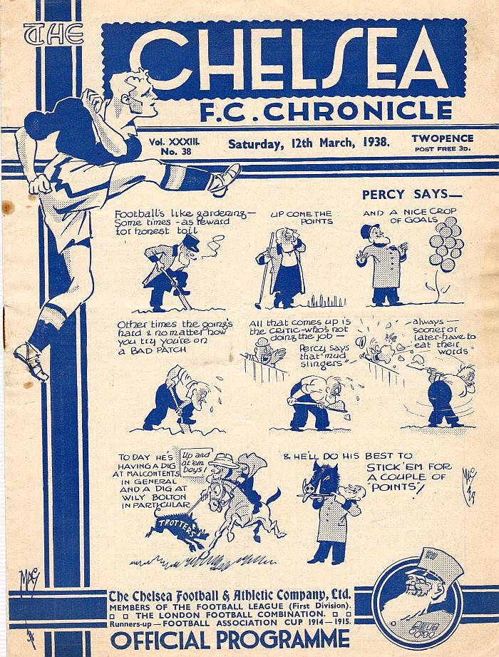 programme cover for Chelsea v Bolton Wanderers, 12th Mar 1938