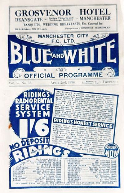programme cover for Manchester City v Chelsea, Saturday, 2nd Apr 1938