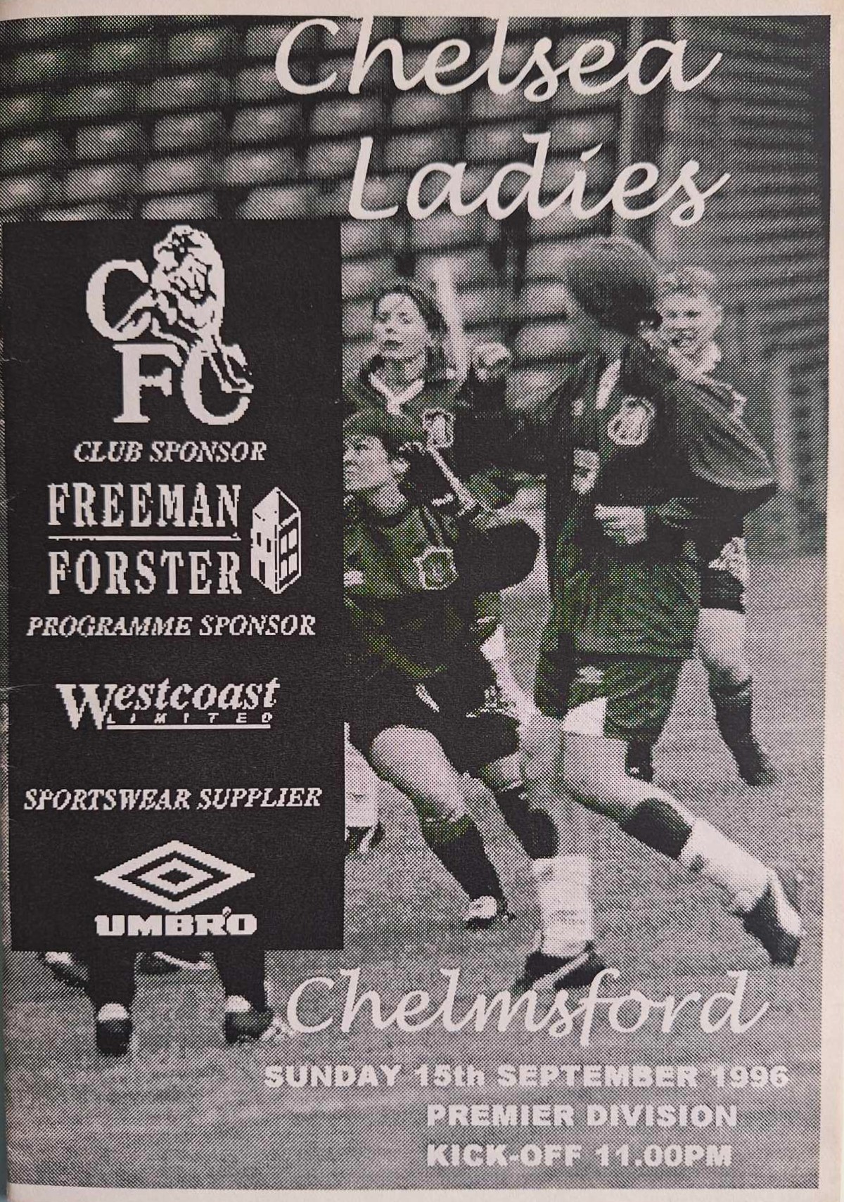 programme cover for Chelsea v Chelmsford, Sunday, 15th Sep 1996