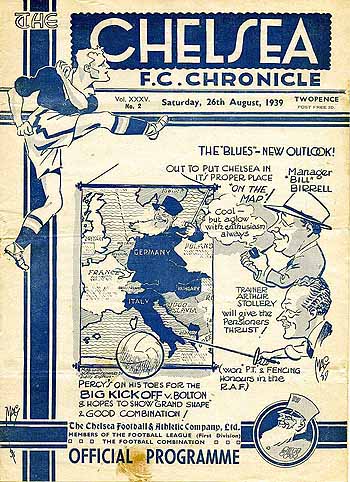 programme cover for Chelsea v Bolton Wanderers, Saturday, 26th Aug 1939
