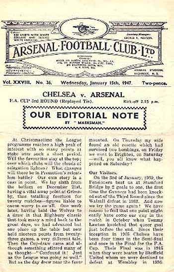 programme cover for Arsenal v Chelsea, Wednesday, 15th Jan 1947