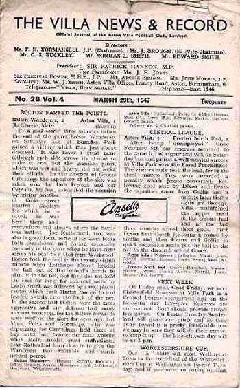 programme cover for Aston Villa v Chelsea, Saturday, 29th Mar 1947