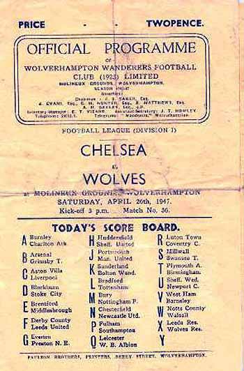 programme cover for Wolverhampton Wanderers v Chelsea, Saturday, 26th Apr 1947