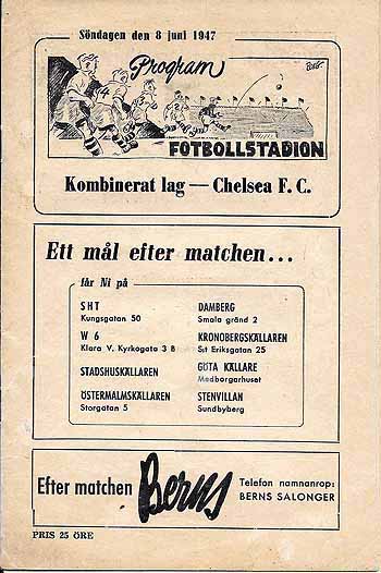 programme cover for Sweden XI v Chelsea, Sunday, 8th Jun 1947