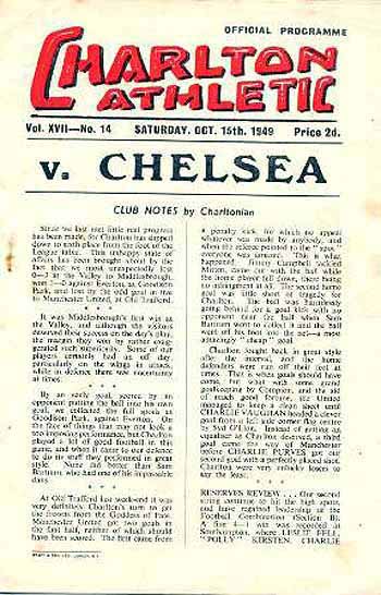 programme cover for Charlton Athletic v Chelsea, Saturday, 15th Oct 1949