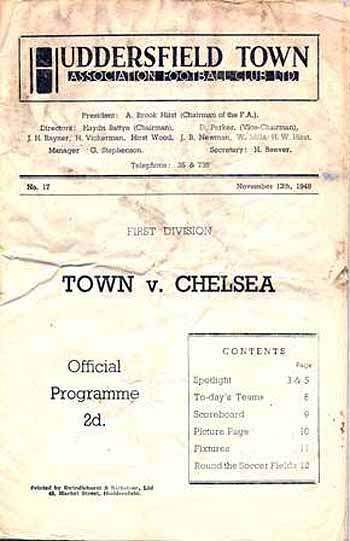 programme cover for Huddersfield Town v Chelsea, Saturday, 12th Nov 1949