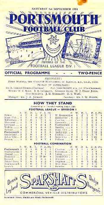 programme cover for Portsmouth v Chelsea, Saturday, 1st Sep 1951
