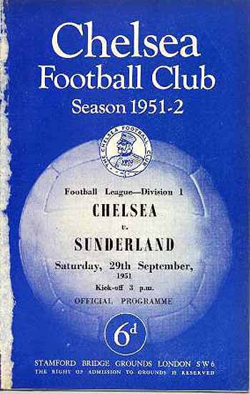 programme cover for Chelsea v Sunderland, Saturday, 29th Sep 1951