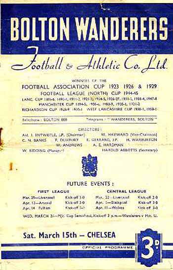 programme cover for Bolton Wanderers v Chelsea, Saturday, 15th Mar 1952