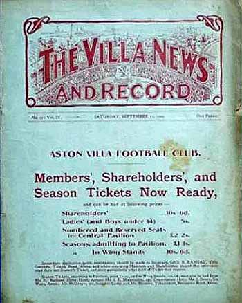 programme cover for Aston Villa v Chelsea, 11th Sep 1909