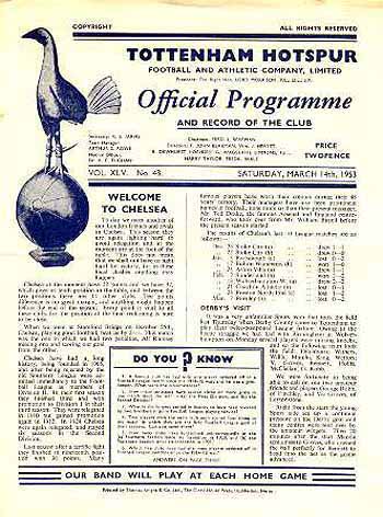 programme cover for Tottenham Hotspur v Chelsea, Saturday, 14th Mar 1953
