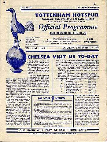 programme cover for Tottenham Hotspur v Chelsea, Saturday, 7th Nov 1953