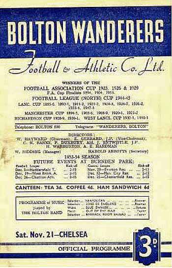 programme cover for Bolton Wanderers v Chelsea, Saturday, 21st Nov 1953