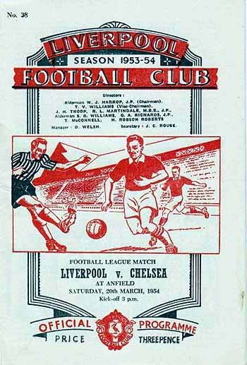 programme cover for Liverpool v Chelsea, Saturday, 20th Mar 1954