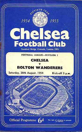 programme cover for Chelsea v Bolton Wanderers, Saturday, 28th Aug 1954