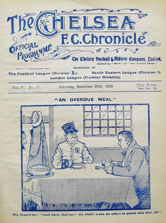 programme cover for Chelsea v Bradford City, 20th Nov 1909
