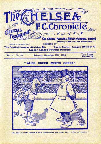 programme cover for Chelsea v Tottenham Hotspur, 18th Dec 1909