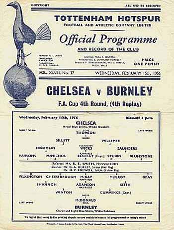 programme cover for Burnley v Chelsea, Wednesday, 15th Feb 1956