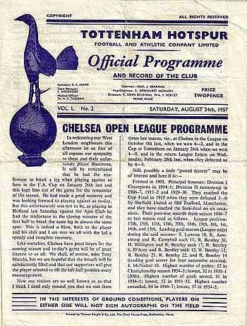 programme cover for Tottenham Hotspur v Chelsea, Saturday, 24th Aug 1957