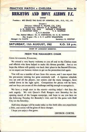 programme cover for Brighton And Hove Albion v Chelsea, Saturday, 11th Aug 1962