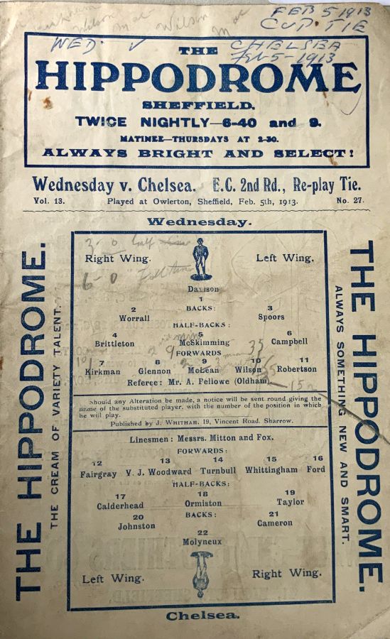 programme cover for The Wednesday v Chelsea, 5th Feb 1913