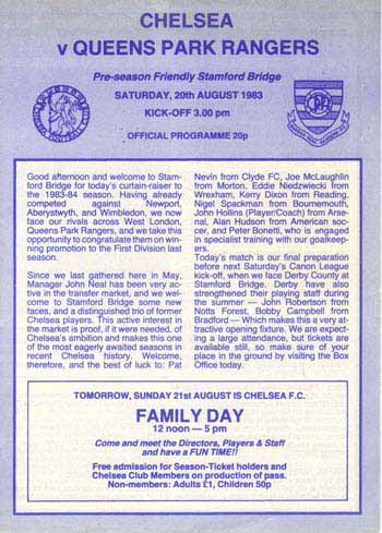 programme cover for Chelsea v Queens Park Rangers, Saturday, 20th Aug 1983