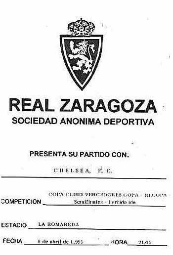 programme cover for Real Zaragoza v Chelsea, Thursday, 6th Apr 1995