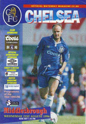 programme cover for Chelsea v Middlesbrough, 21st Aug 1996