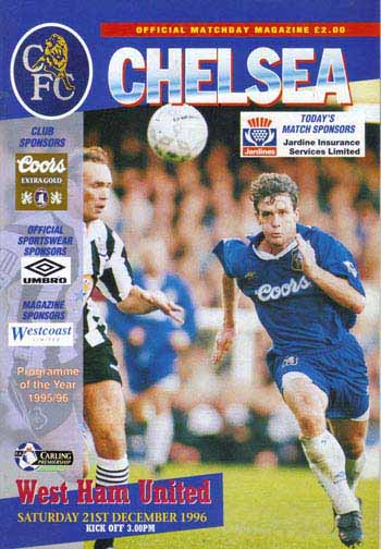 programme cover for Chelsea v West Ham United, Saturday, 21st Dec 1996