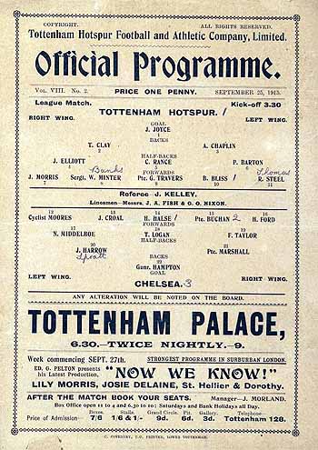 programme cover for Tottenham Hotspur v Chelsea, Saturday, 25th Sep 1915