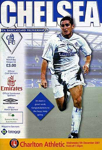 programme cover for Chelsea v Charlton Athletic, Wednesday, 5th Dec 2001